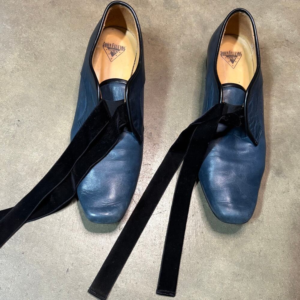 John Fluevog Time Era Blue Leather Shoe W Velvet Ribbon Mens Sz 9